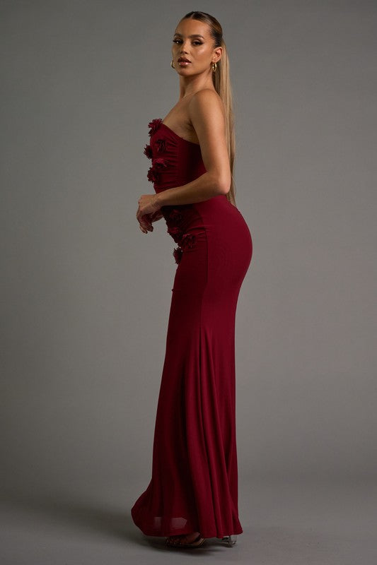 LUXE MESH 3D FLOWER ROSETTES DETAIL FRONT EMPIRE TUBE FIT & FLARE MAXI DRESS