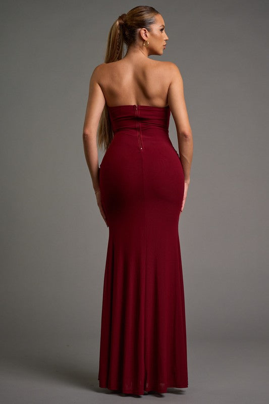 LUXE MESH 3D FLOWER ROSETTES DETAIL FRONT EMPIRE TUBE FIT & FLARE MAXI DRESS