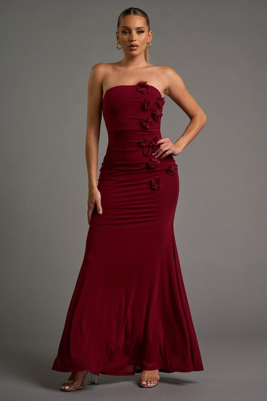 LUXE MESH 3D FLOWER ROSETTES DETAIL FRONT EMPIRE TUBE FIT & FLARE MAXI DRESS