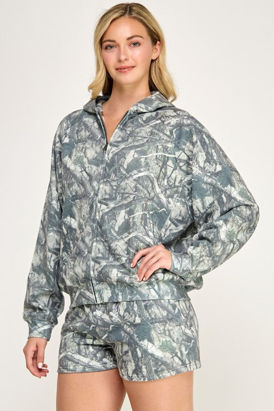 FLEECE CAMO RELAXED FIT ZIP-UP HOODIE JACKET