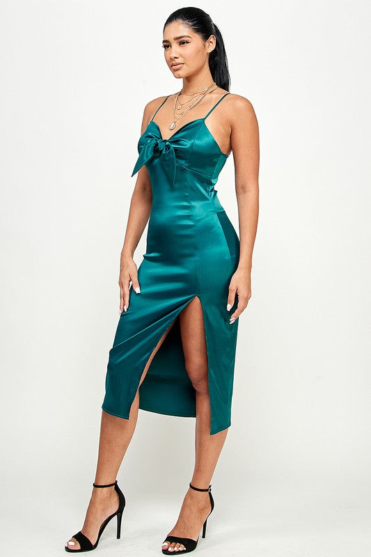 SATIN BOW TIE MIDI DRESS