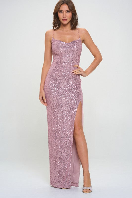 SEQUIN PLEATED COWL NECK MAXI DRESS