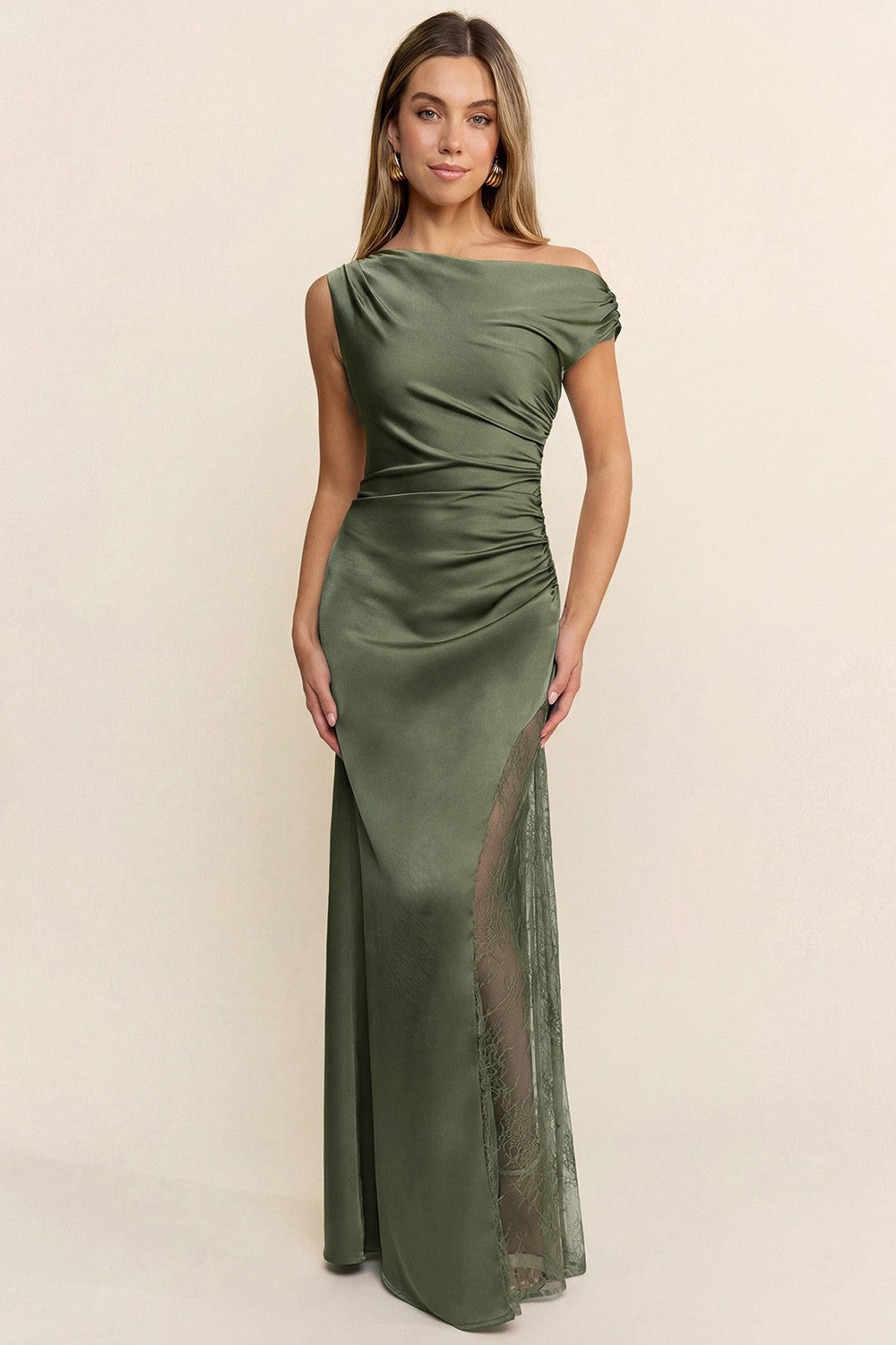 ASYMMETRICAL SHIRRING LACE DETAIL SATIN MAXI DRESS S