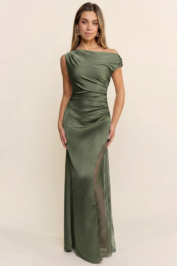 ASYMMETRICAL SHIRRING LACE DETAIL SATIN MAXI DRESS