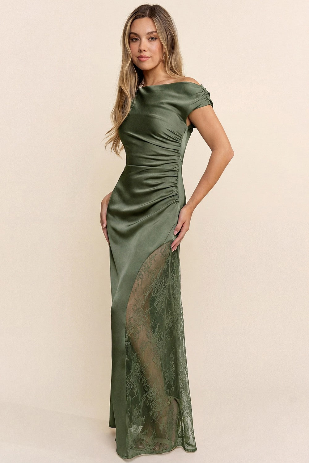 ASYMMETRICAL SHIRRING LACE DETAIL SATIN MAXI DRESS