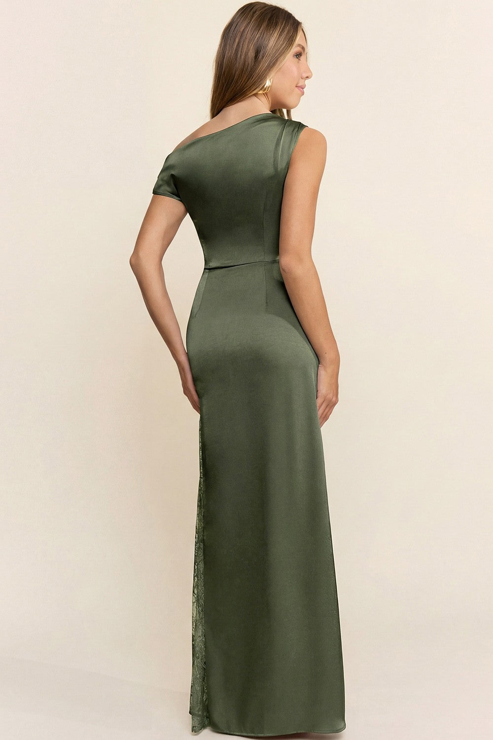 ASYMMETRICAL SHIRRING LACE DETAIL SATIN MAXI DRESS