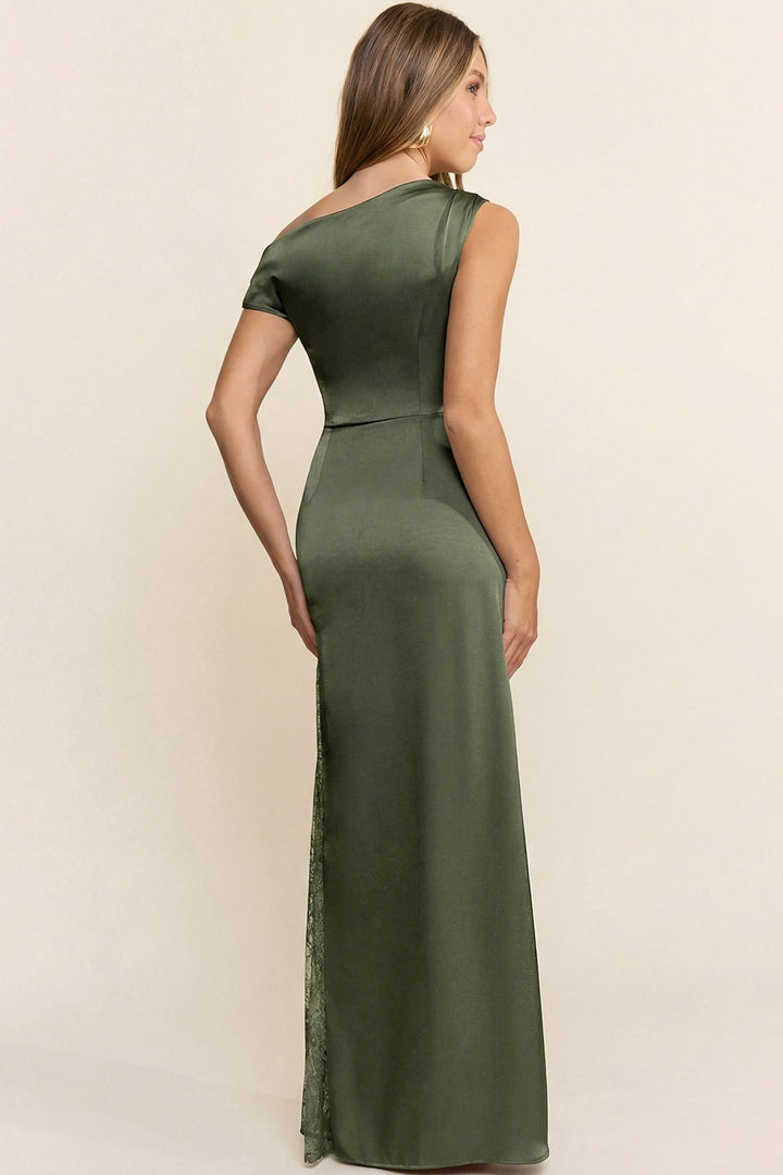 ASYMMETRICAL SHIRRING LACE DETAIL SATIN MAXI DRESS
