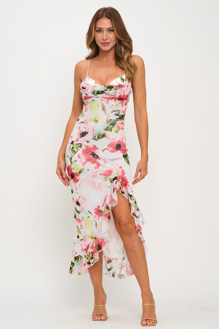 FLORAL RUFFLE MIDI DRESS