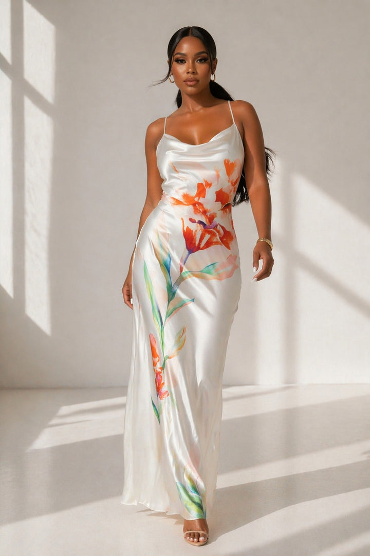 FLORAL PRINTED COWL NECK MAXI SLIP DRESS