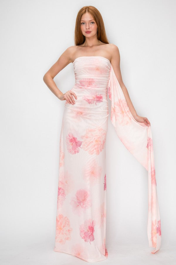 FLORAL MESH SCARF MAXI GOWN