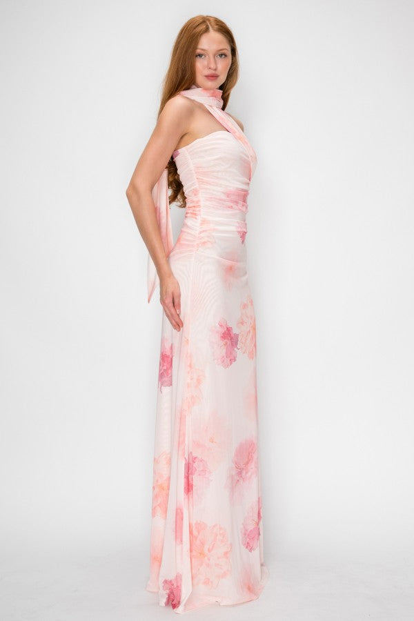 FLORAL MESH SCARF MAXI GOWN
