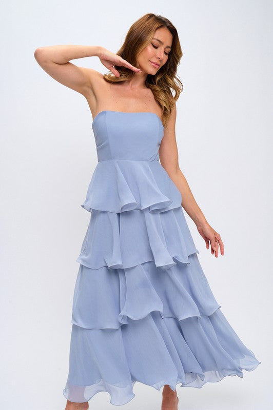 STRAPLESS RUFFLE TIERED MAXI DRESS