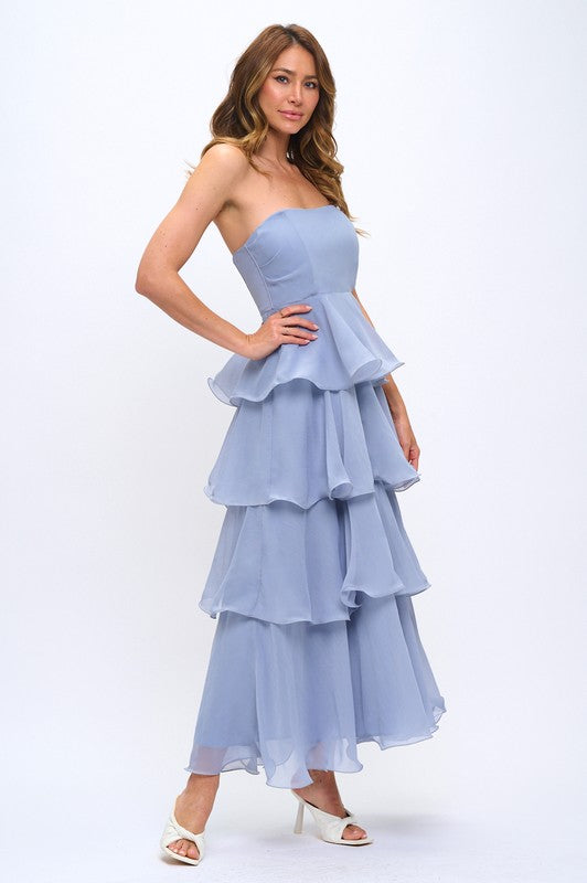 STRAPLESS RUFFLE TIERED MAXI DRESS