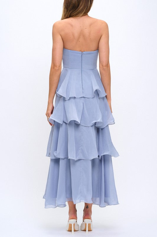STRAPLESS RUFFLE TIERED MAXI DRESS