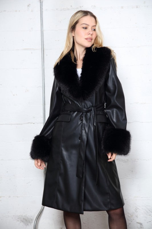 FAUX FUR LEATHER DUSTER COAT