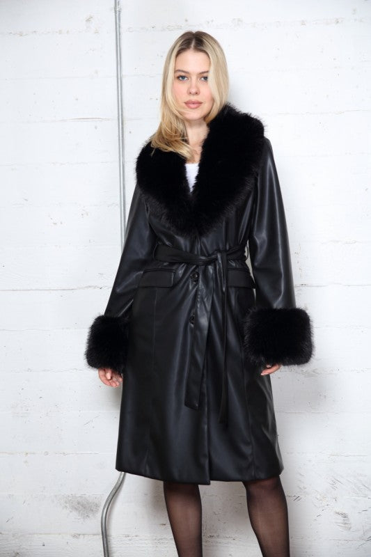 FAUX FUR LEATHER DUSTER COAT
