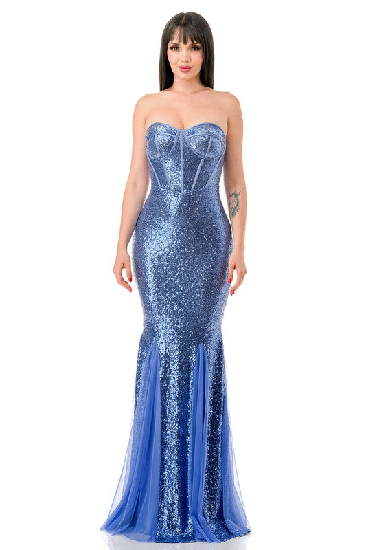 STRAPLESS CORSET SEQUIN MAXI DRESS