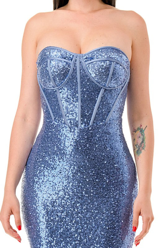 STRAPLESS CORSET SEQUIN MAXI DRESS