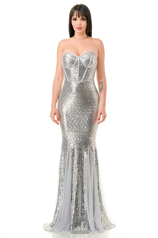 SILVER STRAPLESS CORSET SEQUIN MAXI DRESS