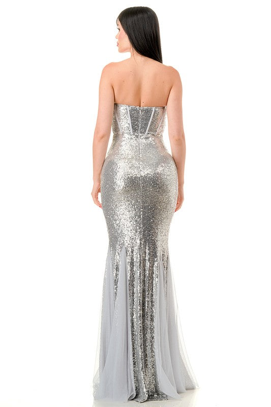 SILVER STRAPLESS CORSET SEQUIN MAXI DRESS