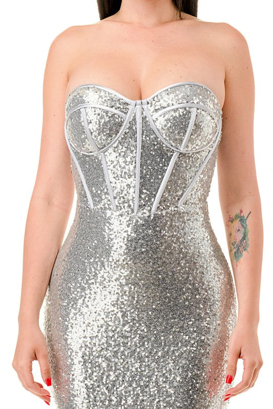 SILVER STRAPLESS CORSET SEQUIN MAXI DRESS