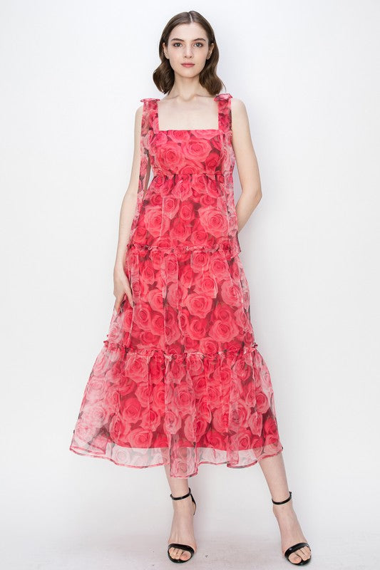 Organza Floral Printed Tiered Midi Dress