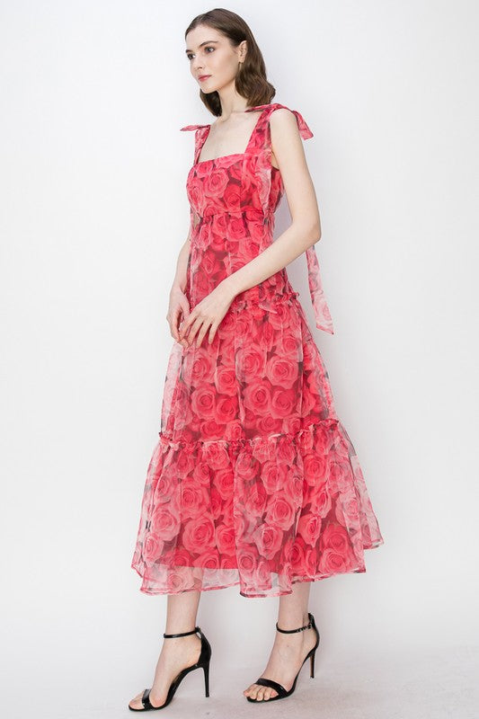 Organza Floral Printed Tiered Midi Dress