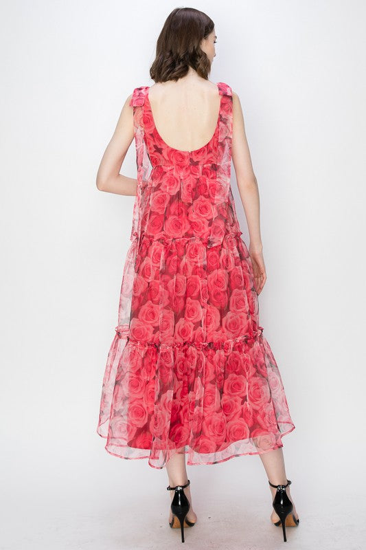 Organza Floral Printed Tiered Midi Dress