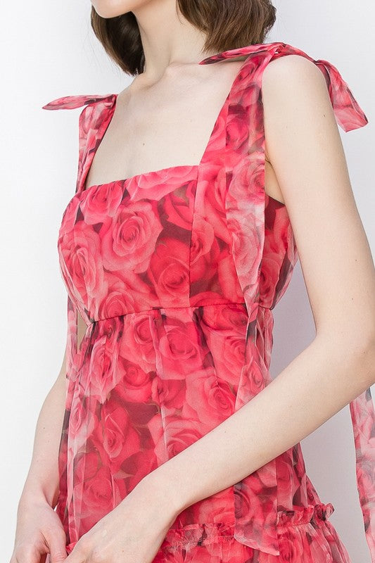 Organza Floral Printed Tiered Midi Dress
