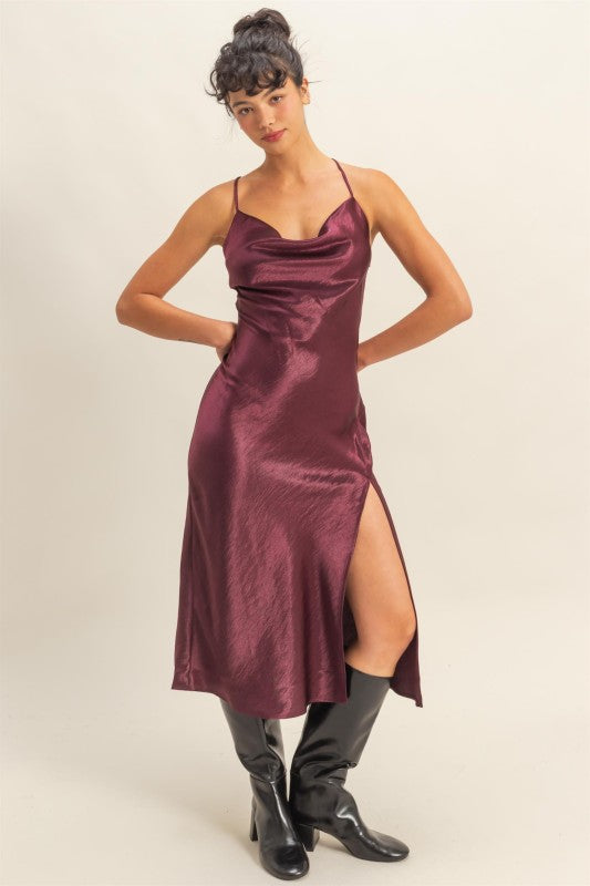 COWL NECK SATIN MIDI DRESS
