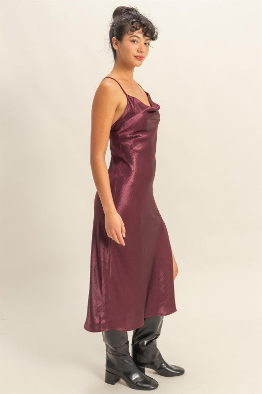 COWL NECK SATIN MIDI DRESS