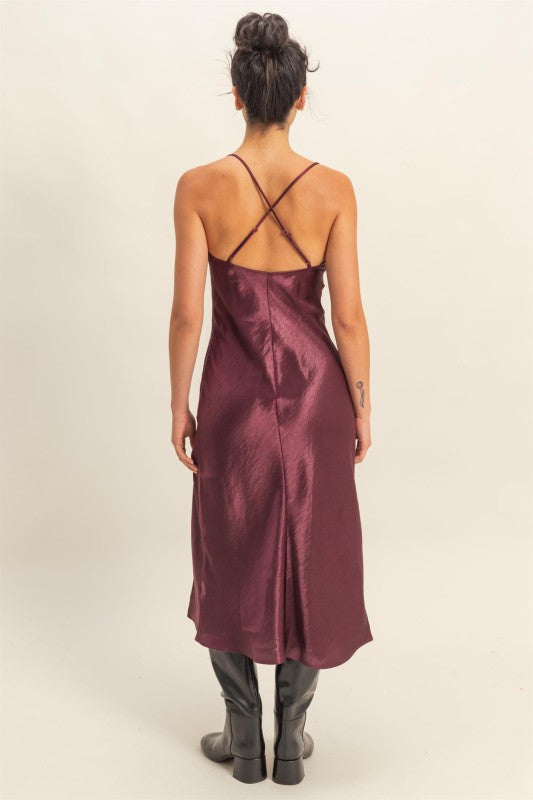 COWL NECK SATIN MIDI DRESS