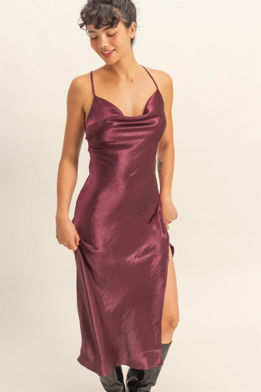 COWL NECK SATIN MIDI DRESS
