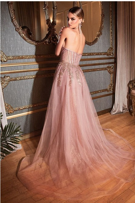 STRAPLESS GLITTER GOWN WITH REMOVABLE TULLE OVERSKIRT