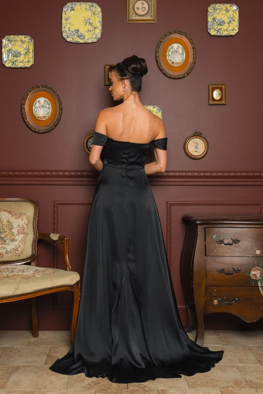 OFF SHOULDER SATIN GOWN WITH A TRAIN