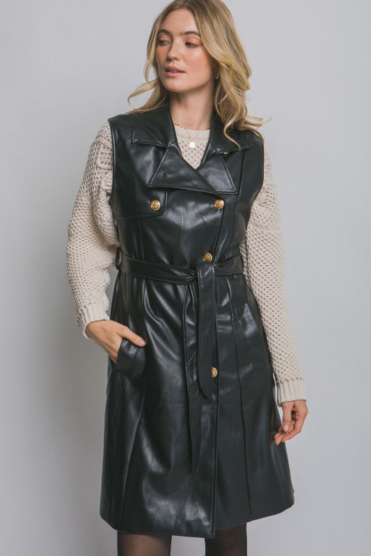 FAUX LEATHER BELTED VEST WITH DETAIL BUTTONS