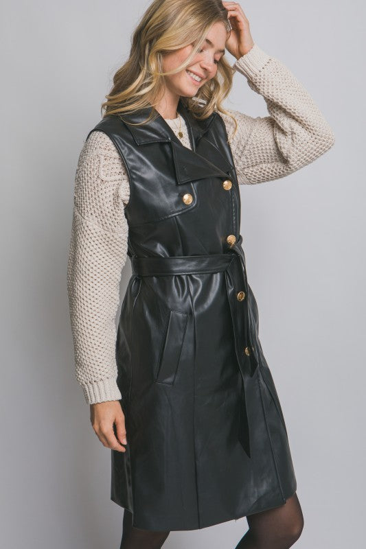 FAUX LEATHER BELTED VEST WITH DETAIL BUTTONS