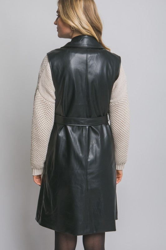 FAUX LEATHER BELTED VEST WITH DETAIL BUTTONS