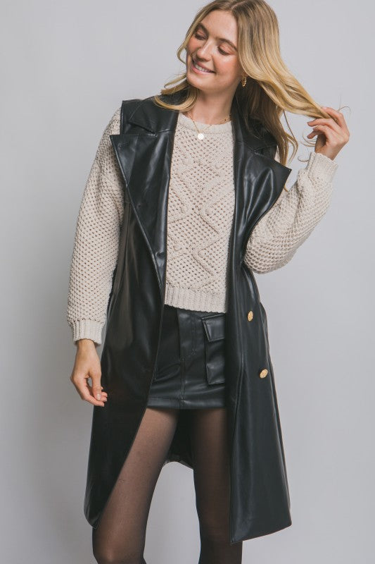 FAUX LEATHER BELTED VEST WITH DETAIL BUTTONS