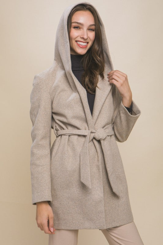 FLEECE BELTED JACKET WITH A HOOD