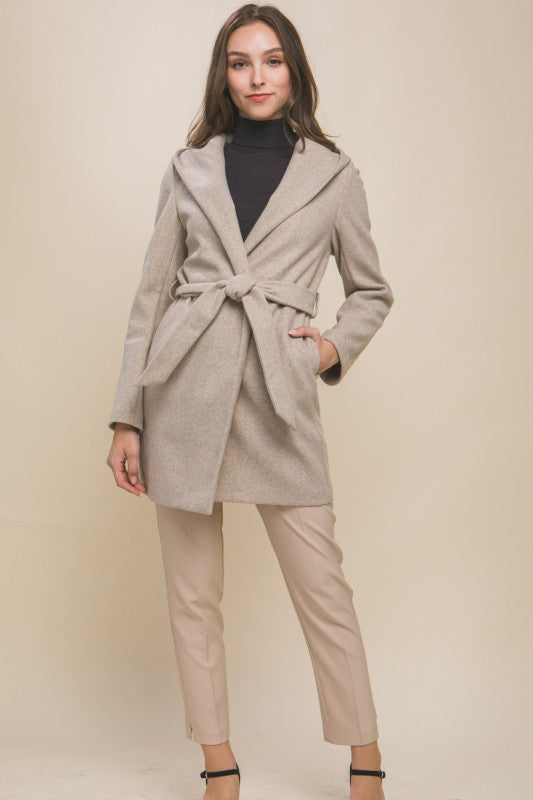 FLEECE BELTED JACKET WITH A HOOD