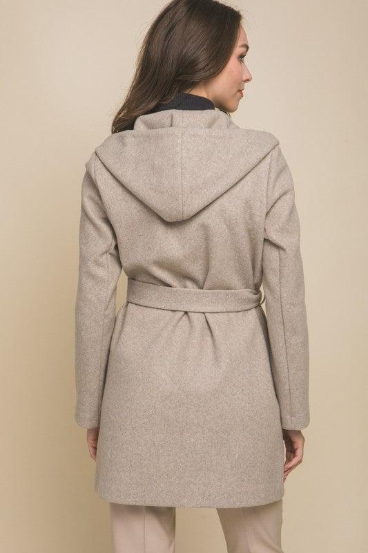 FLEECE BELTED JACKET WITH A HOOD