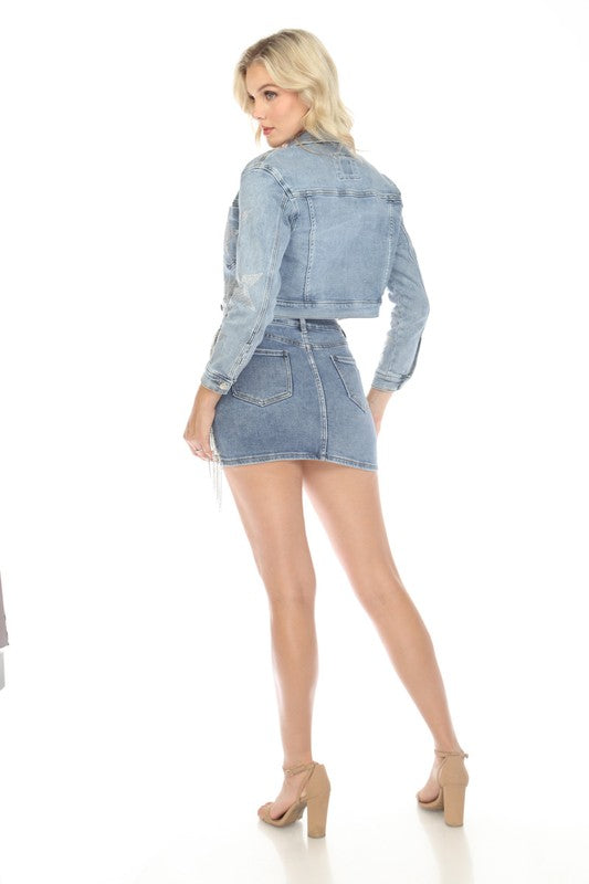 KINZ STAR METAL FRINGE CROP DENIM JACKET