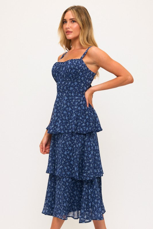 NAVY FLORAL TIERED MIDI DRESS