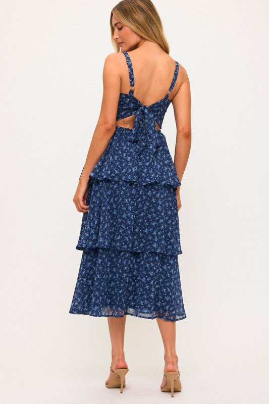 NAVY FLORAL TIERED MIDI DRESS