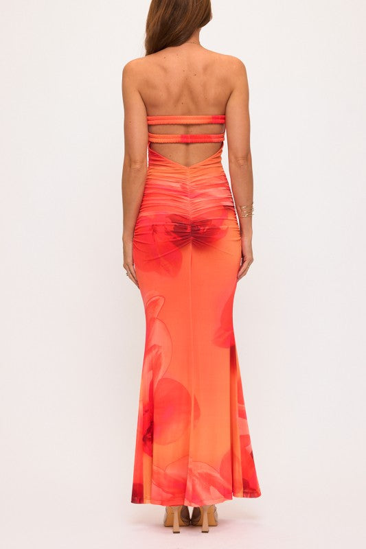 FLORAL PRINT STRAPLESS MAXI DRESS