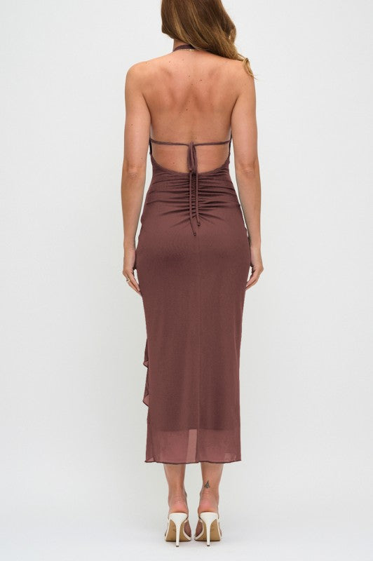 PLUNGING NECKLINE WITH RUFFLE DETAIL MIDI DRESS