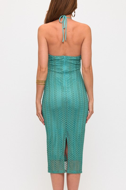 MESH CROCHET HALTER BODYCON MIDI DRESS