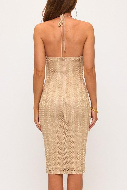 MESH CROCHET HALTER BODYCON MIDI DRESS