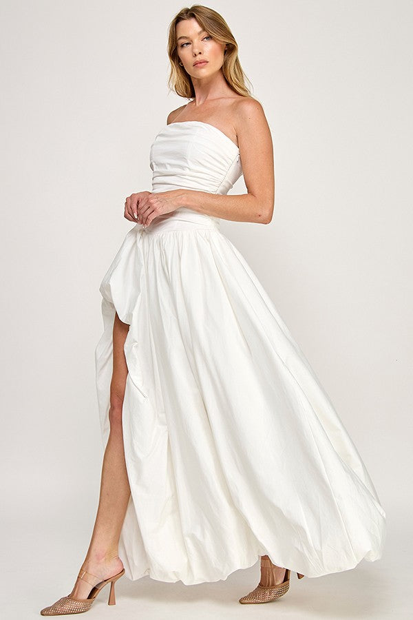 STRAPLESS BUBBLE SKIRT MAXI DRESS